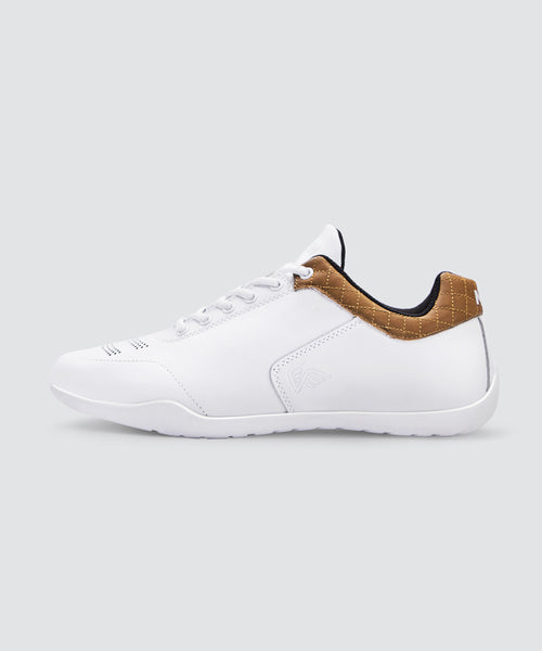 Side view of white AKIN driving shoe for car enthusiasts. 