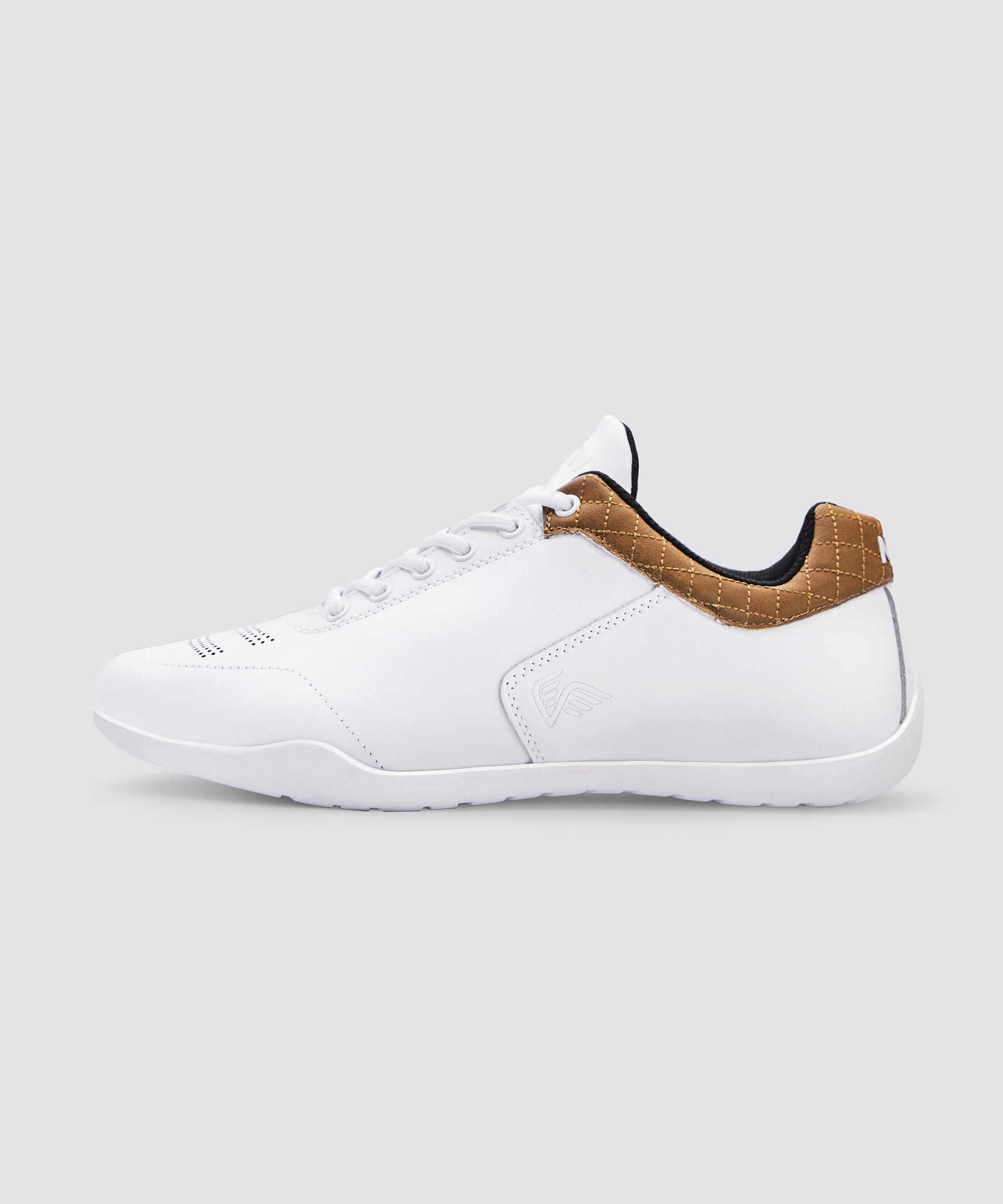 Side view of white AKIN driving shoe for car enthusiasts. 
